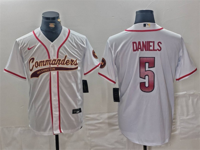 Men's Washington Commanders #5 Jayden Daniels White With Patch Cool Base Stitched Baseball Jersey